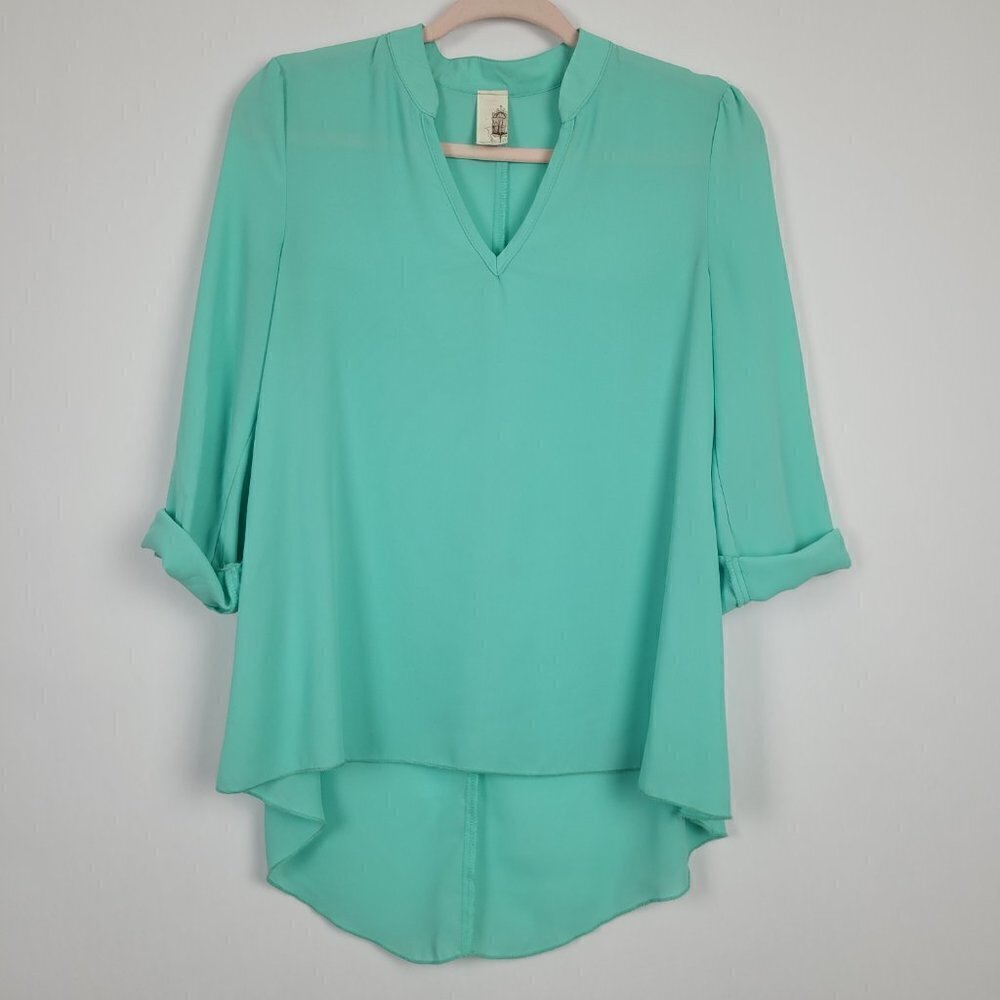 Francesca's Birdcage Mint Green Semi Sheer High Low Hem Popover Blouse S